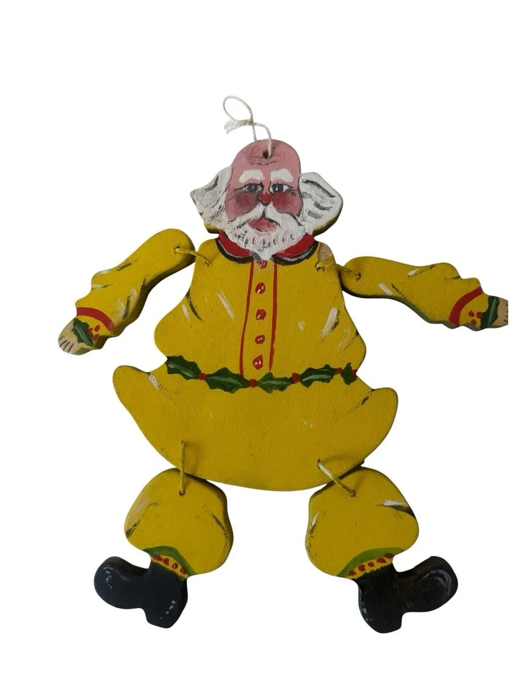 Vintage Wooden Santa Christmas Ornament Hand Painted Jointed Yellow Signed 5”